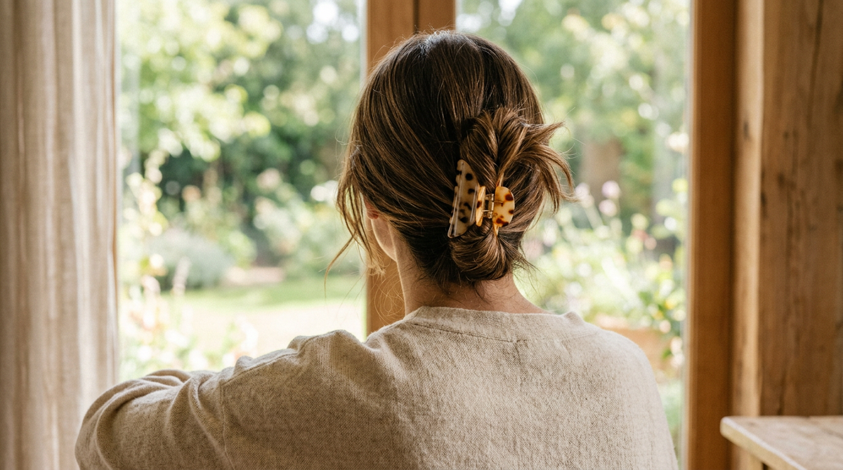 Healthy long hair in a loose low twist held gently by a smooth acetate claw clip