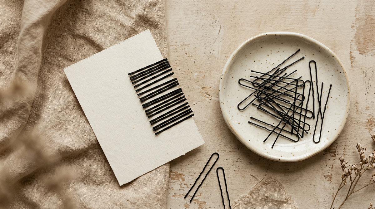 Black bobby pins on a card next to open U-shaped hair pins in a ceramic dish
