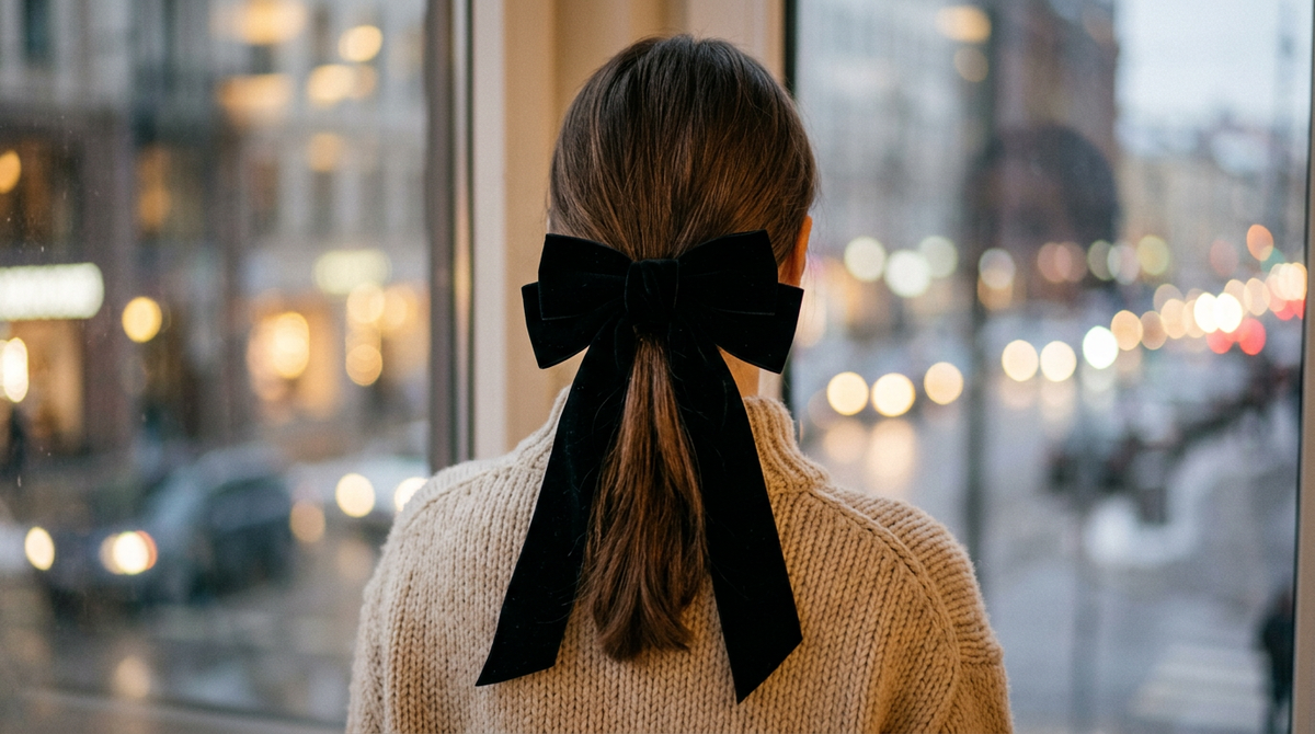 Low ponytail finished with an oversized black velvet bow clip with long tails