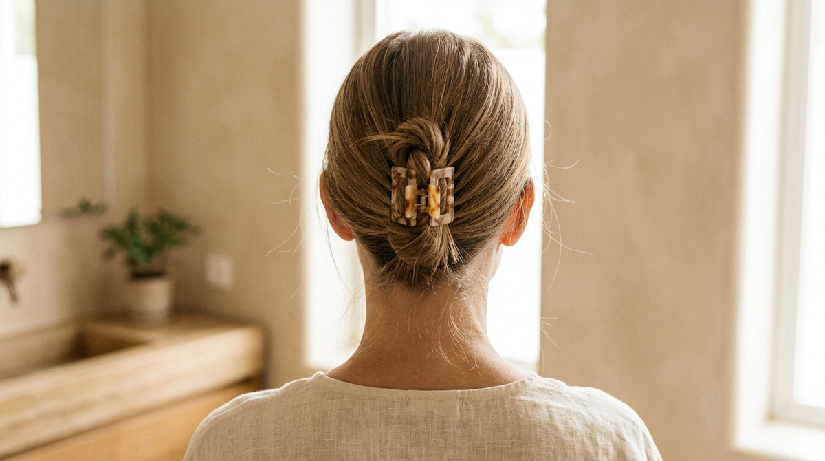 Fine straight light brown hair in a small twist held by a small acetate claw clip