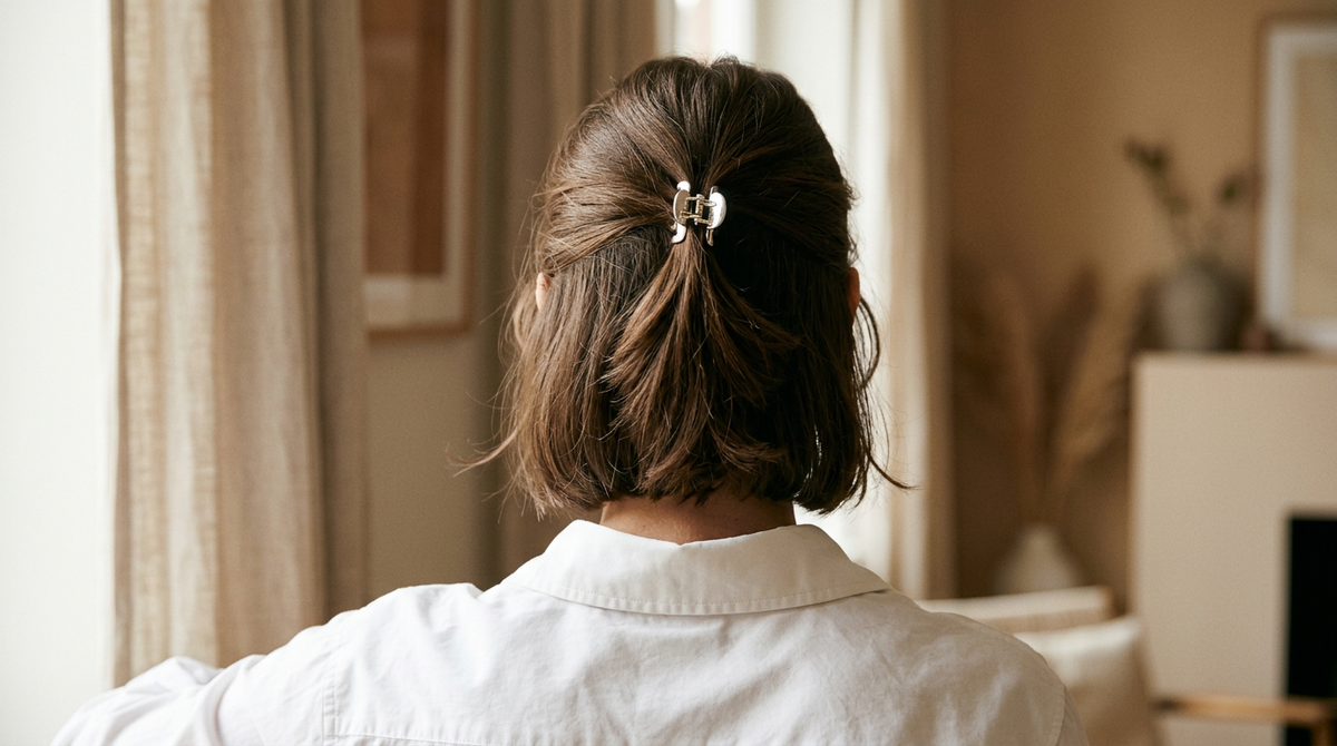 Chin-length bob with the top section twisted back in a mini silver claw clip