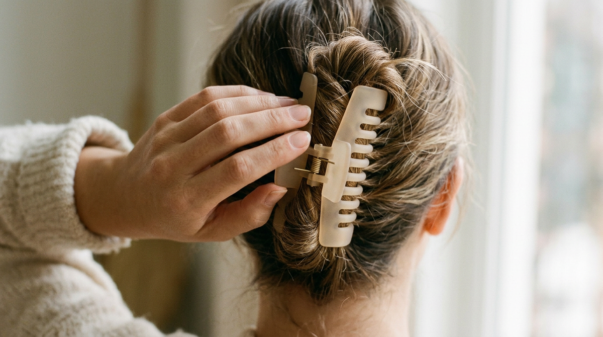Hand pressing a beige claw clip into a twisted bun, teeth gripping near the scalp