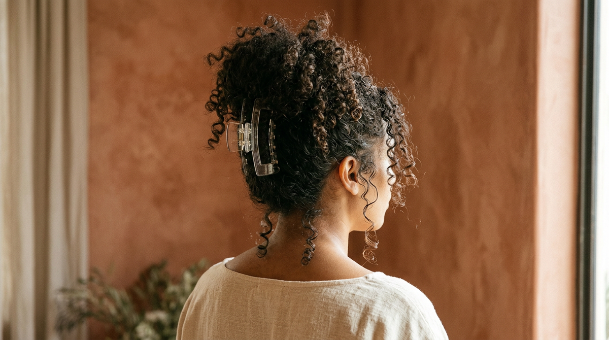 Natural curly hair in a loose pineapple updo held by a large clear claw clip
