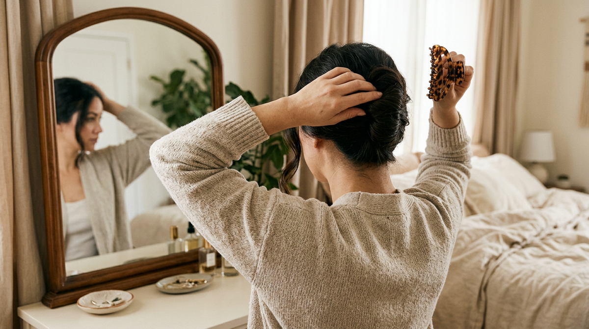 Woman at a mirror twisting long dark hair into a French twist with a claw clip