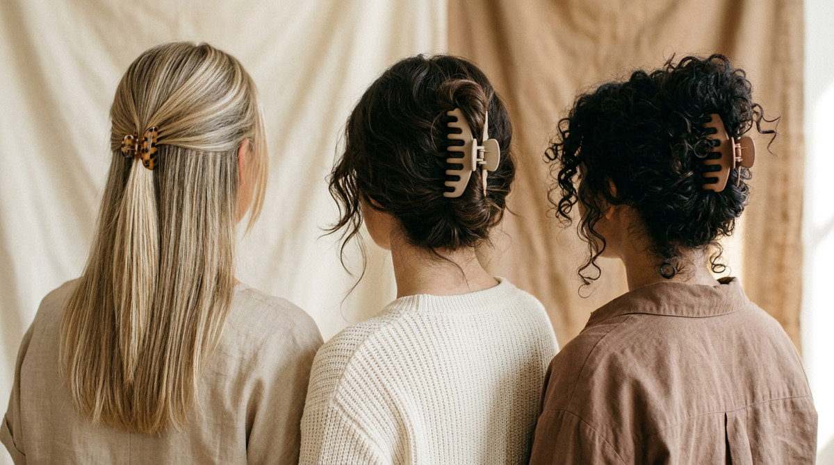 Three women with fine, thick and curly hair each wearing a claw clip style