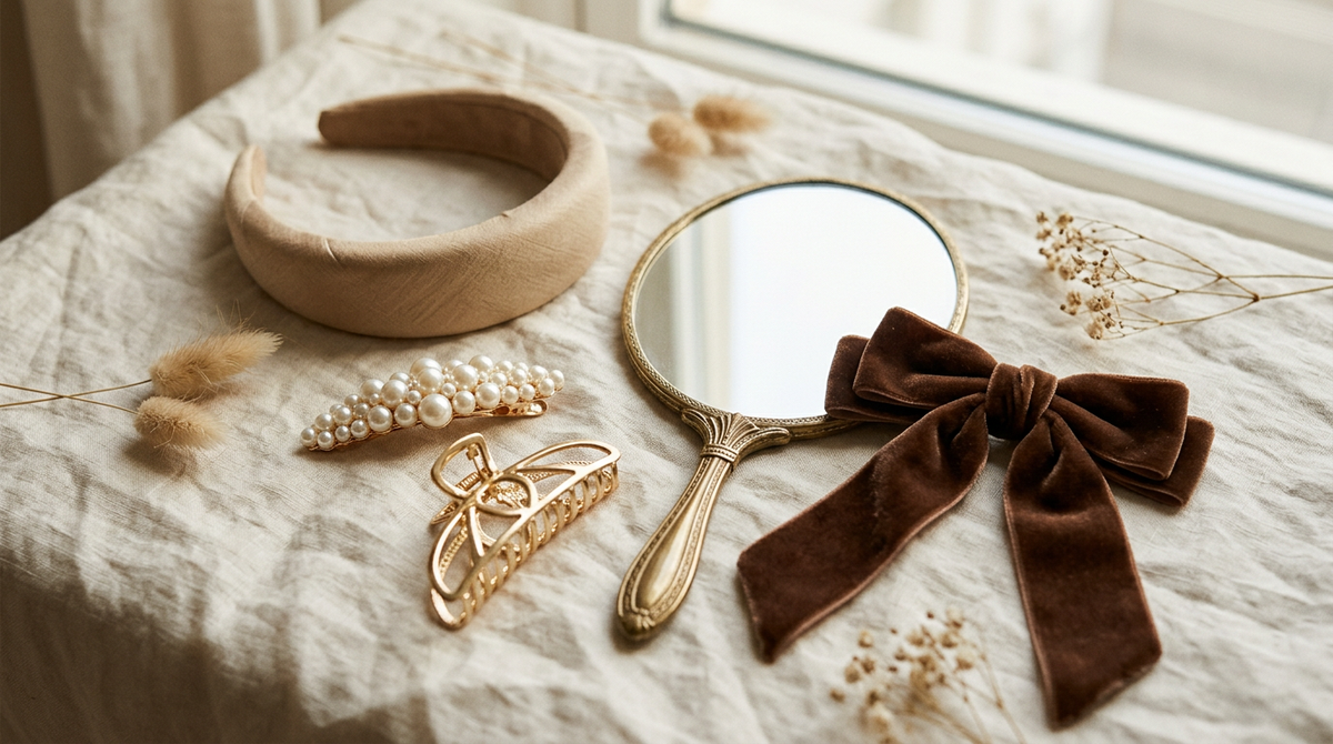 Padded headband, pearl barrette, gold claw clip and velvet bow around a hand mirror