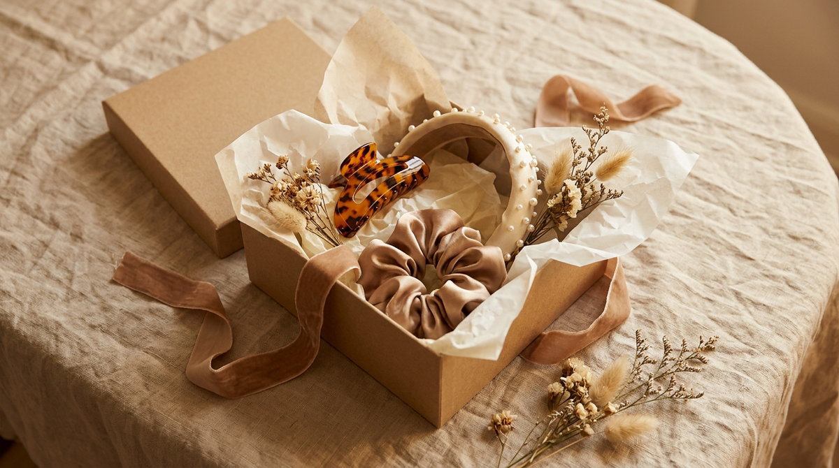 Gift box holding a tortoiseshell claw clip, pearl satin headband and silk scrunchie