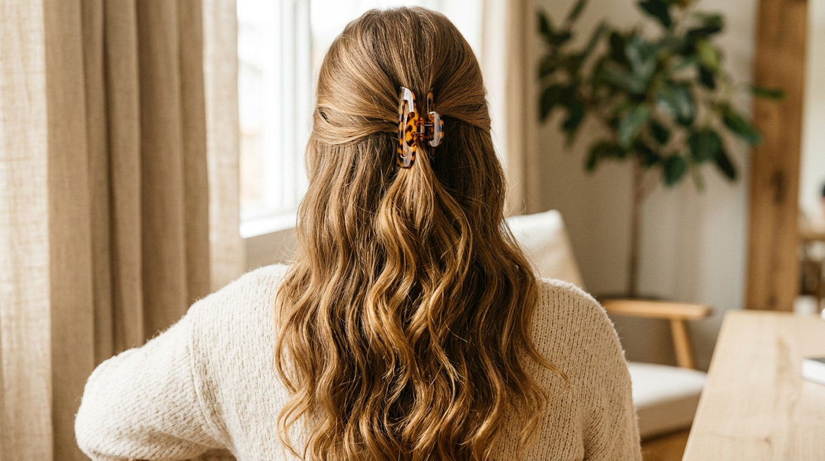 Long wavy honey-brown hair in a half-up twist with a tortoiseshell claw clip