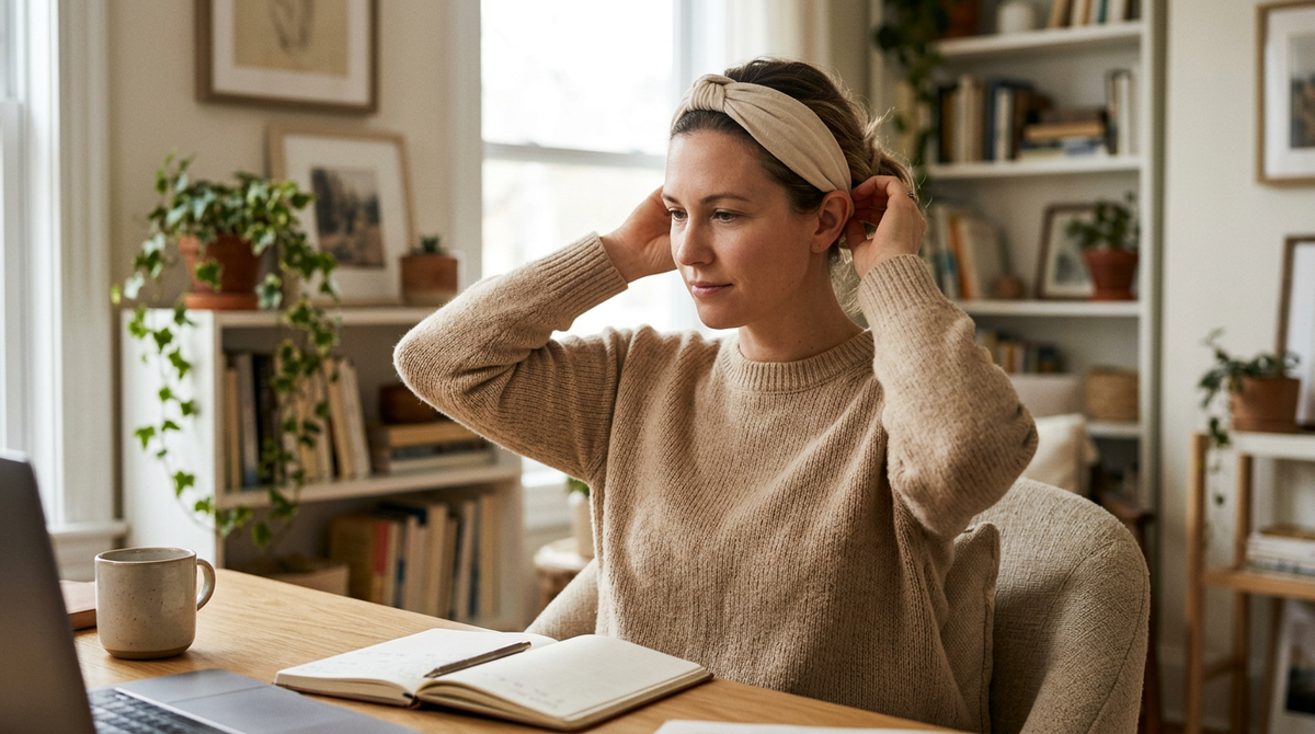 Woman at a desk gently adjusting a soft knotted fabric headband behind her ears