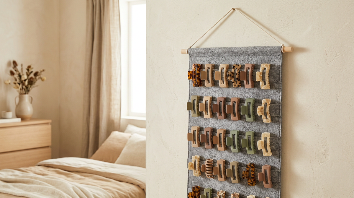 Hanging grey felt organizer on a wall with claw clips clipped in neat rows