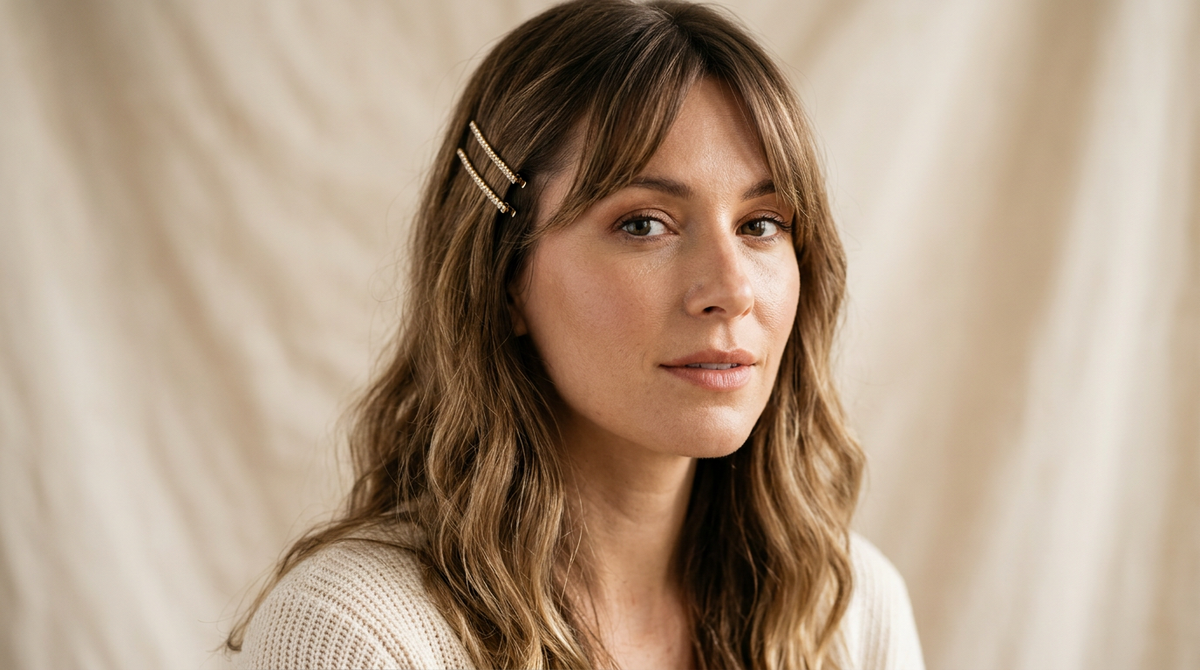 Woman with curtain bangs pinned back on one side with two slim gold side clips