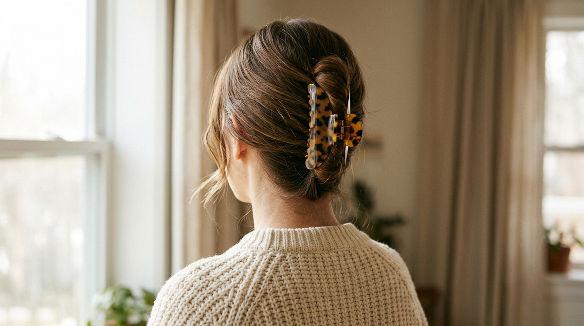 Woman with long brown hair in a French twist held by a tortoiseshell claw clip