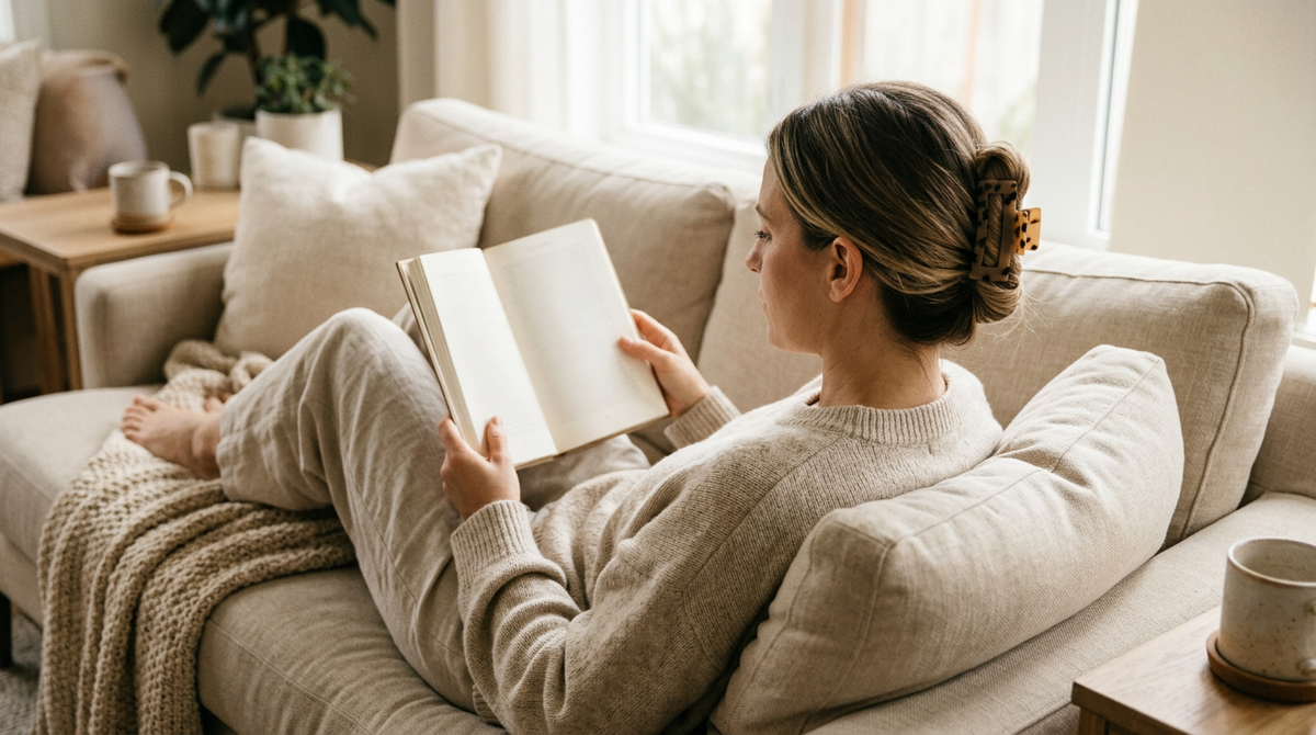 Woman relaxing on a sofa with a low twist held by a flat claw clip