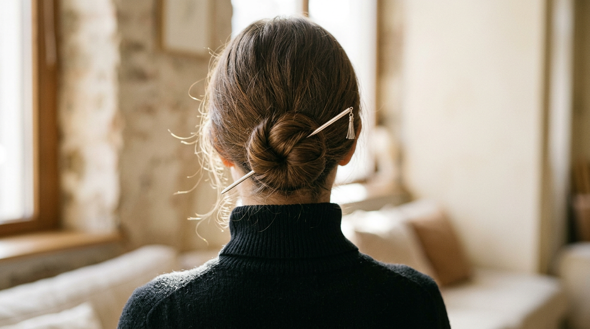 Twisted bun at the nape of the neck secured with a slim silver hair stick