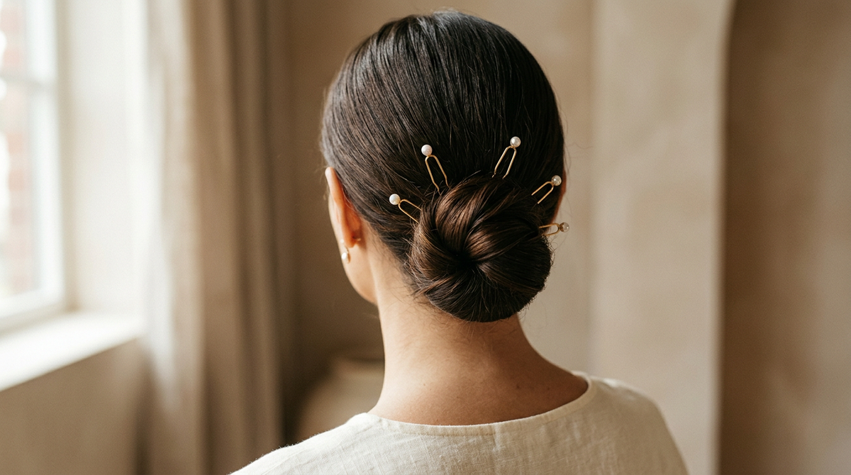 Sleek low bun secured with gold U-shaped hair pins topped with small pearls