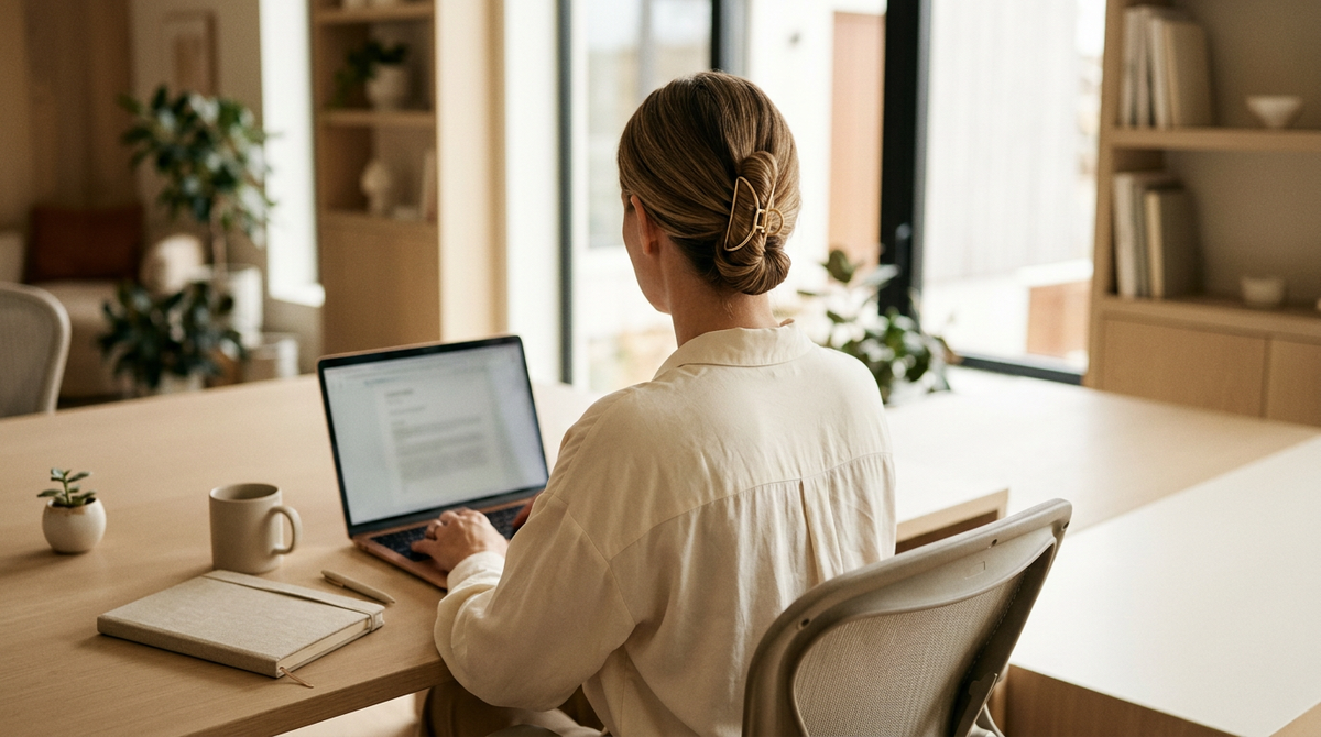 Woman at an office desk with a polished low twist in a gold metal claw clip