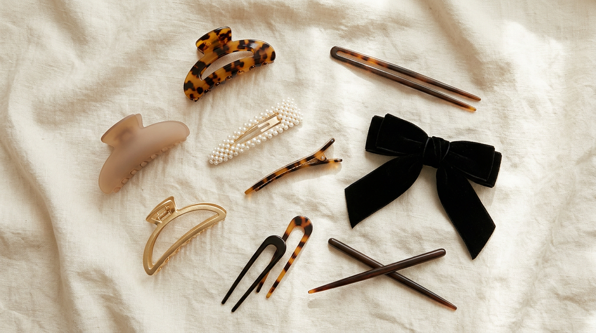 Flat lay of claw clips, a pearl barrette, bow clip, hair pins and a hair stick