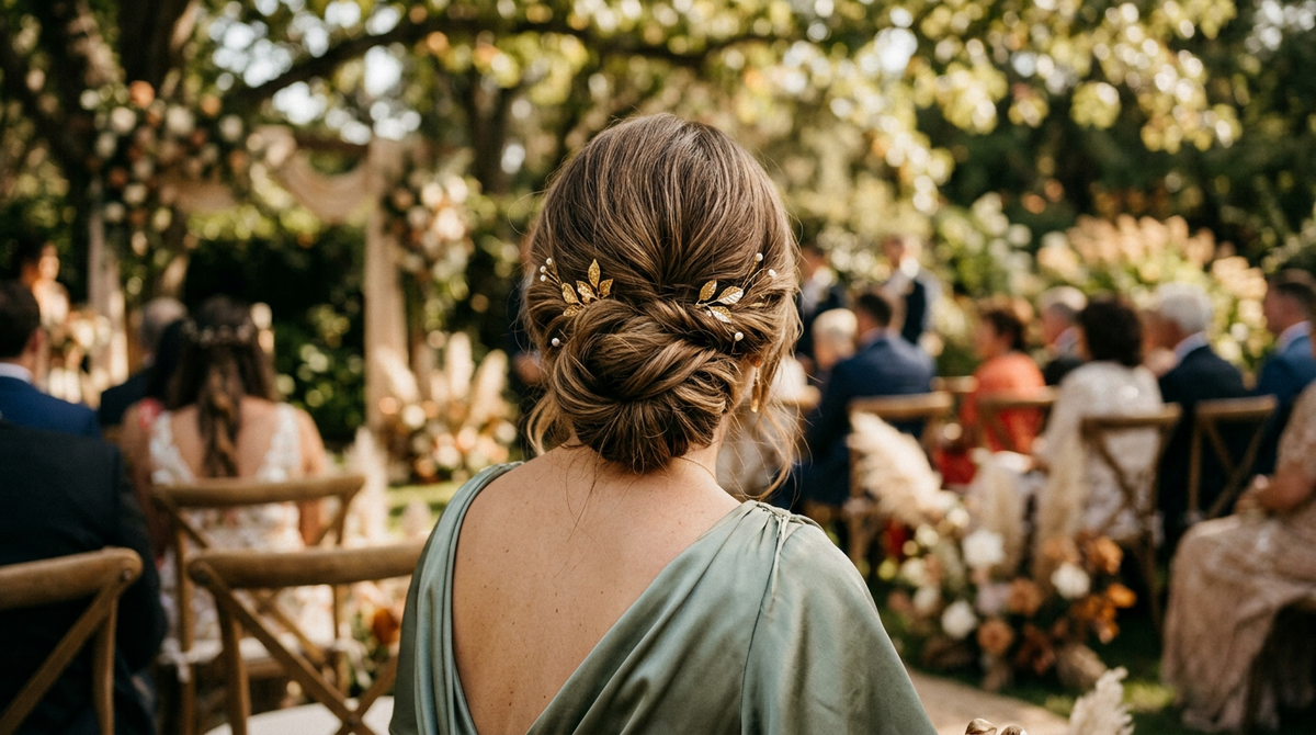 Wedding guest with a low chignon decorated with gold leaf and pearl hair pins