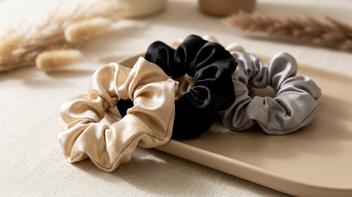 Champagne, black and grey silk scrunchies showing the gathered silk texture
