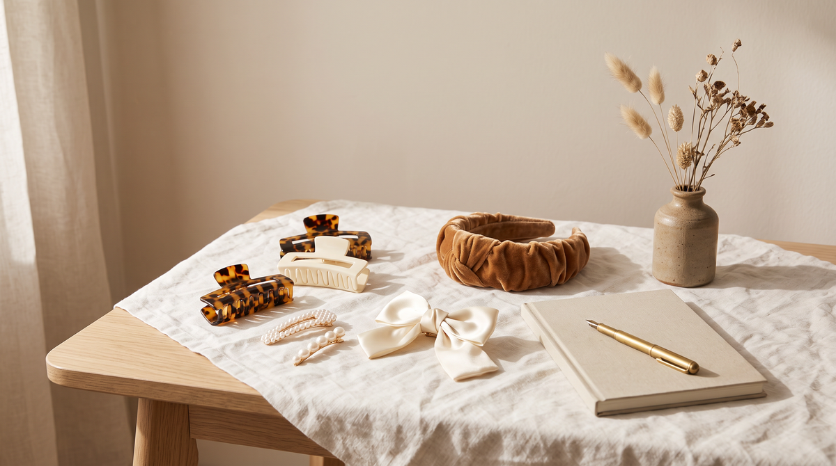 Claw clips, pearl clips, a satin bow and a velvet headband on an ivory linen studio table