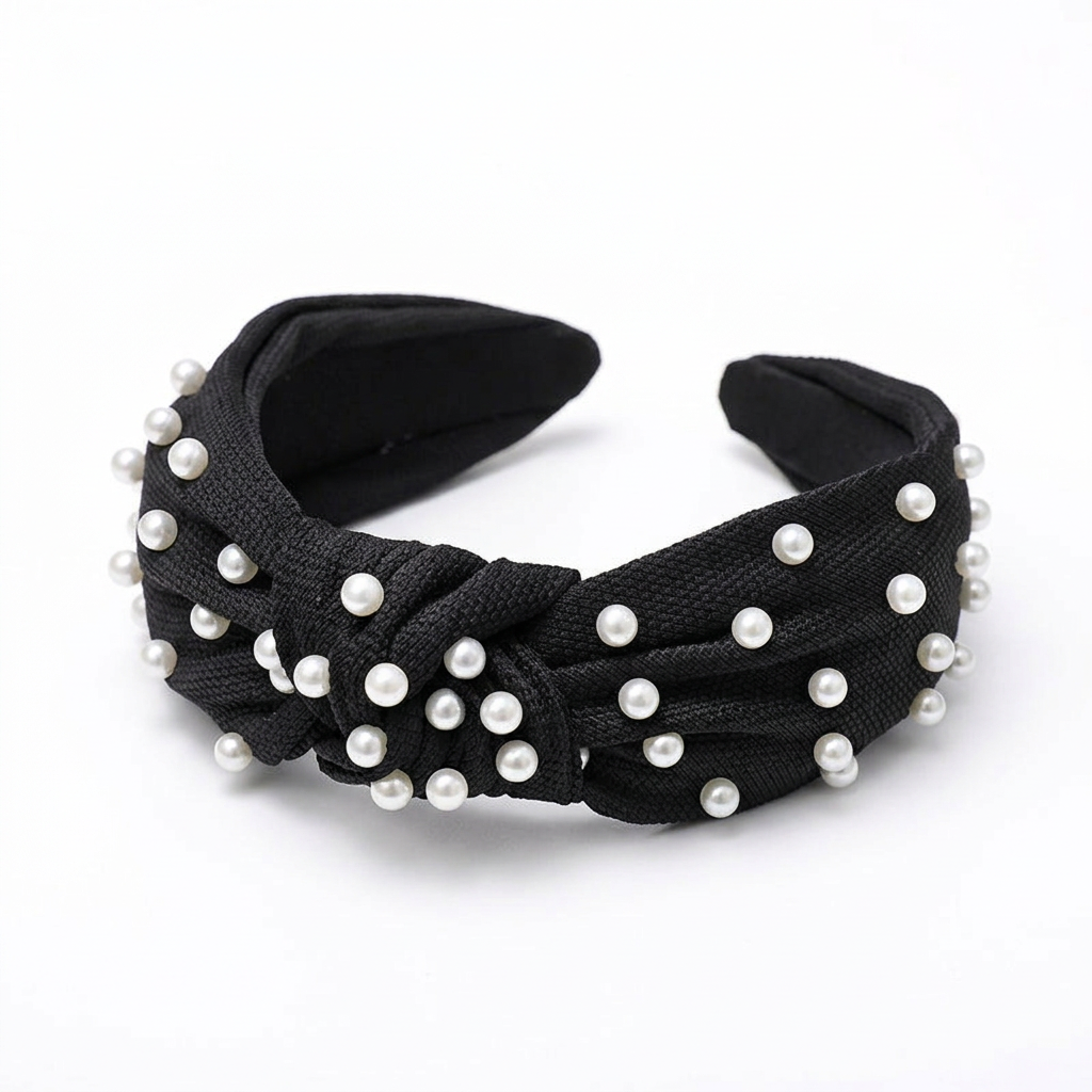 Pearl-Studded Knotted Headband, Wide Fabric