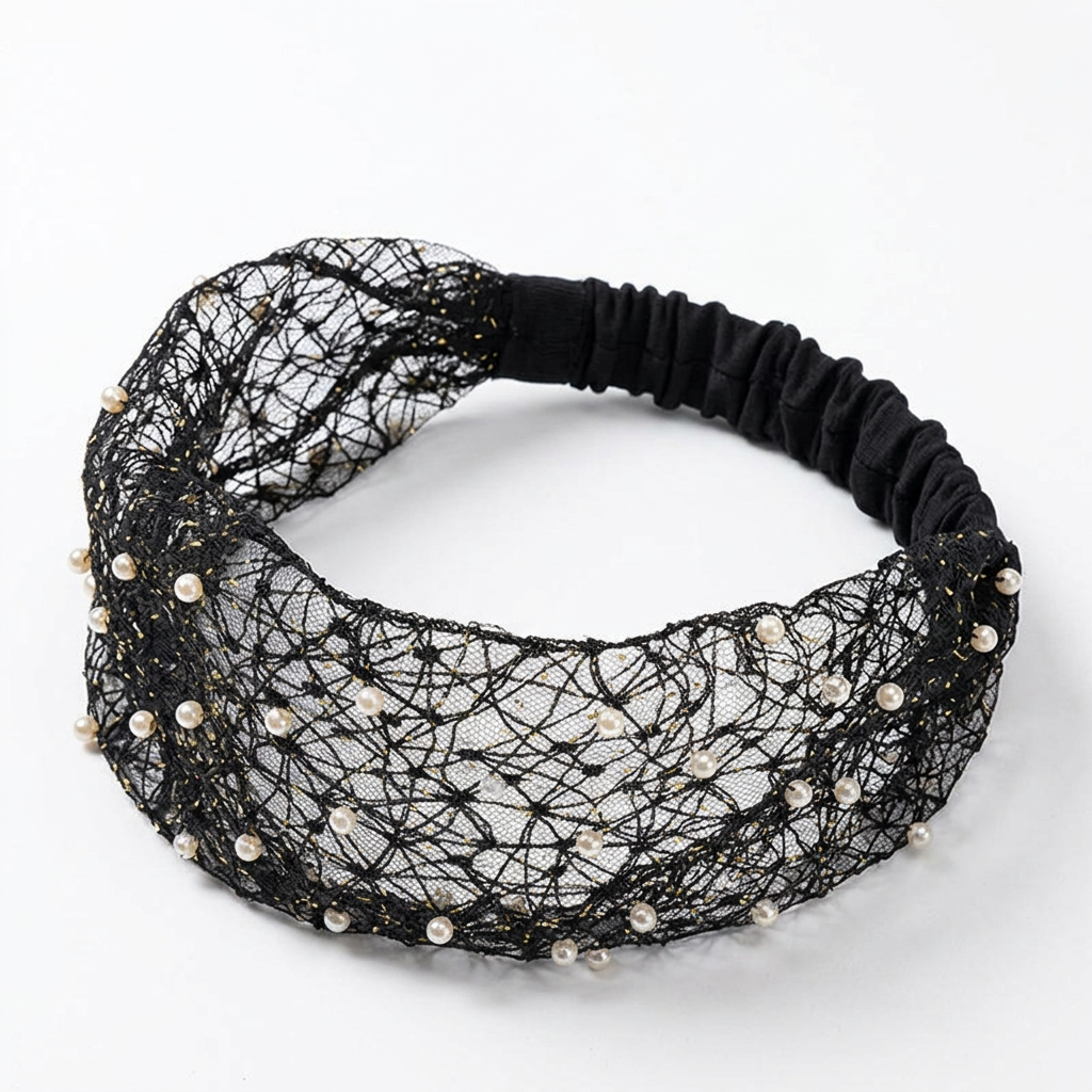 Wide Pearl-Trim Stretch Headband, Fabric Hair Wrap