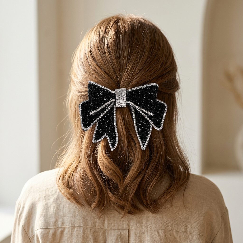Rhinestone Bow Hair Clip in Black