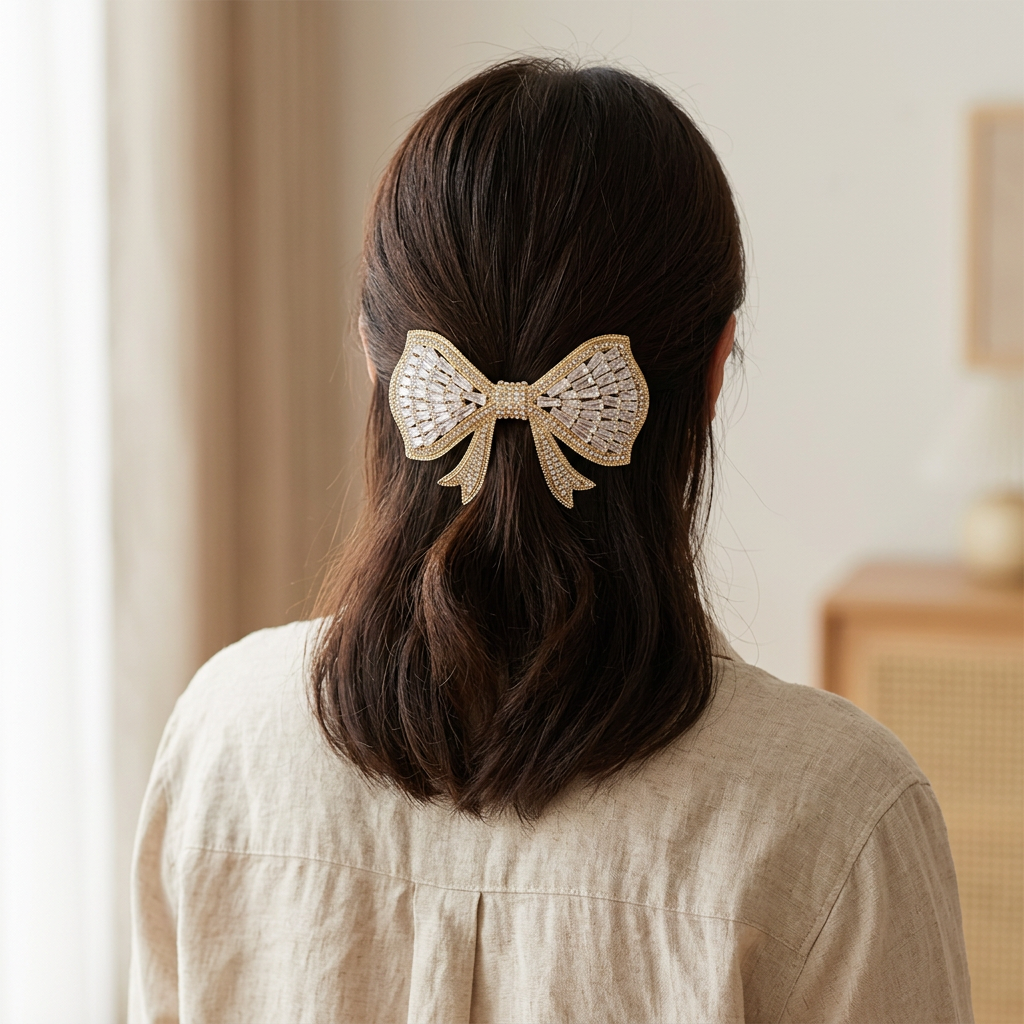 Metal Bow Hair Clip with Crystal Accents