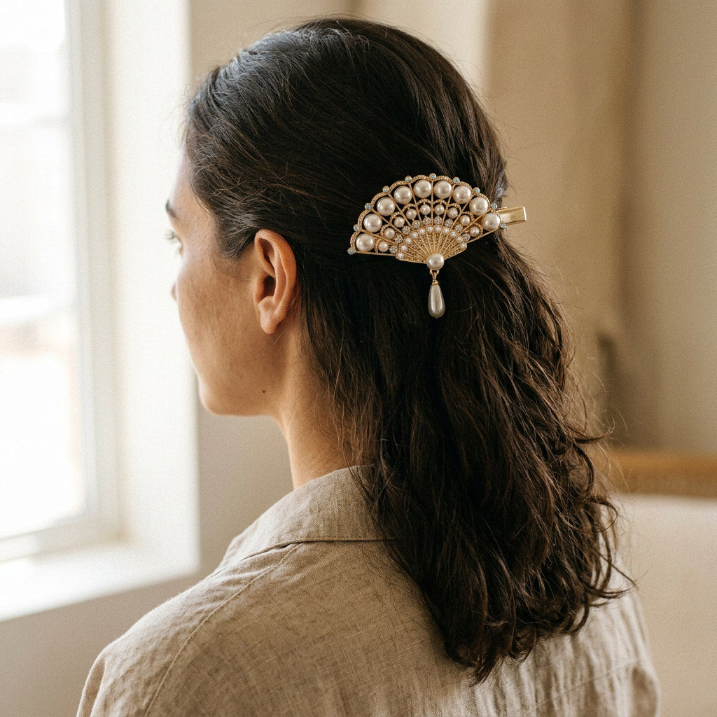 Pearl and Rhinestone Fan Duckbill Hair Clip