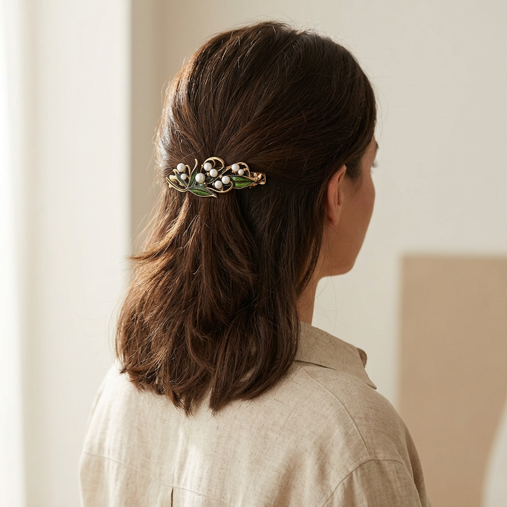 Green Enamel Leaf and Pearl Hair Clip