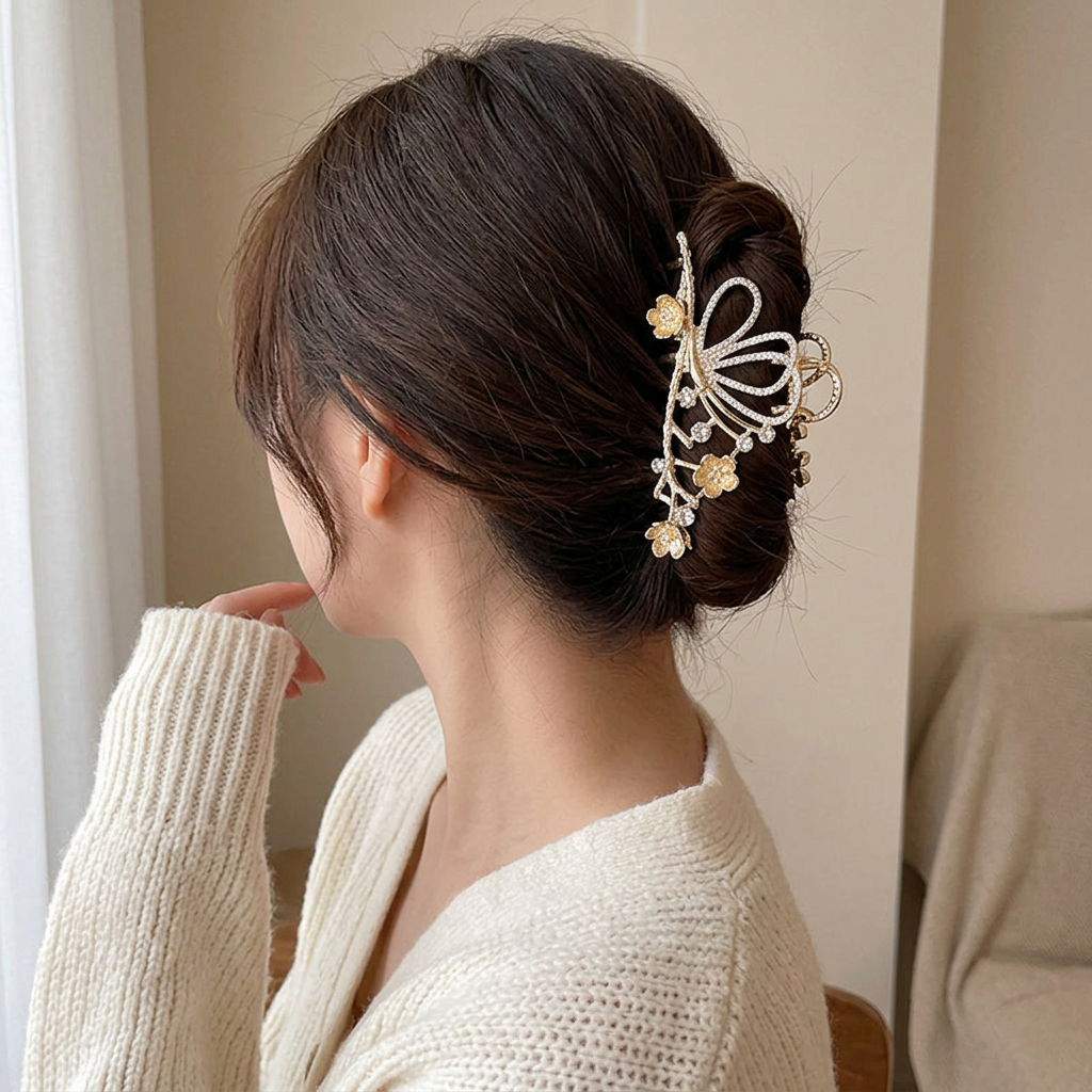 Champagne Gold Floral Metal Claw Clip 10cm