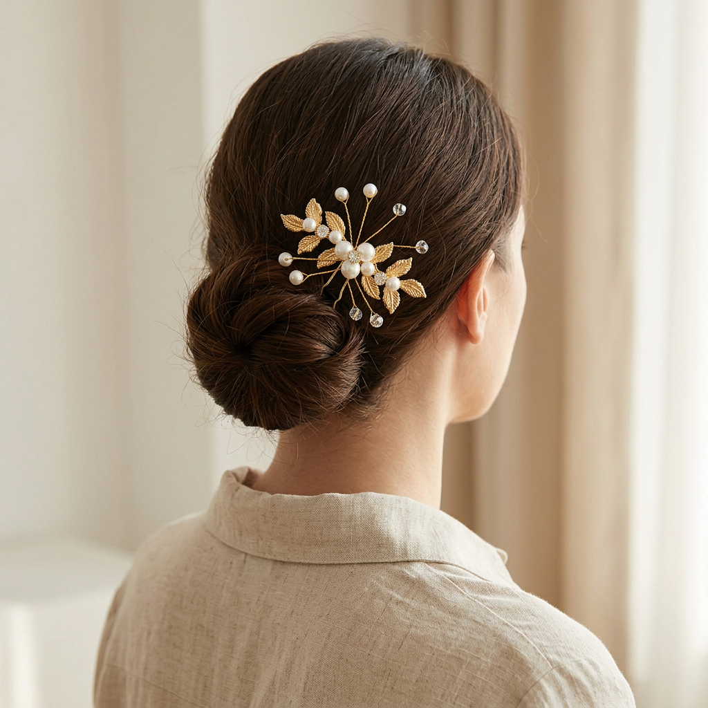 Gold Leaf Pearl U-Shaped Hair Pin for Updos