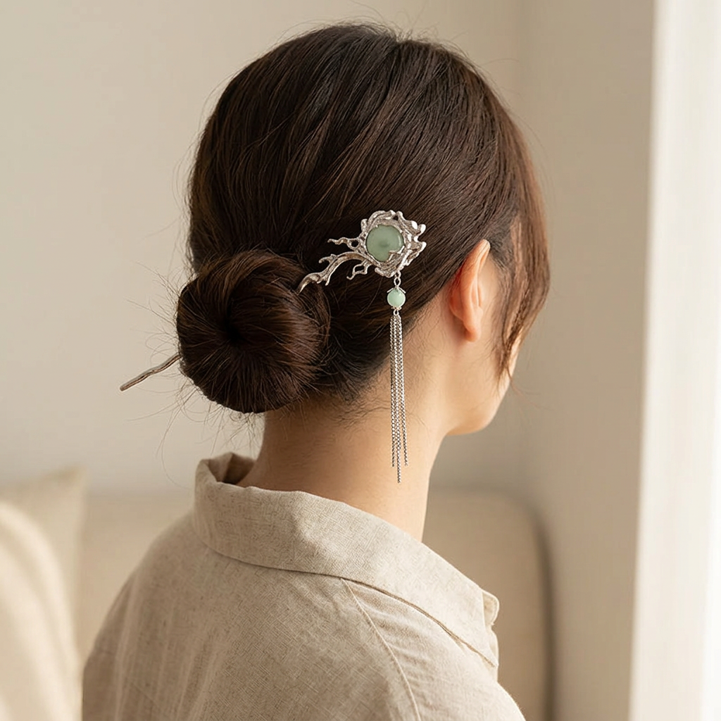 Pleated Geometric Metal Hair Stick with Tassel