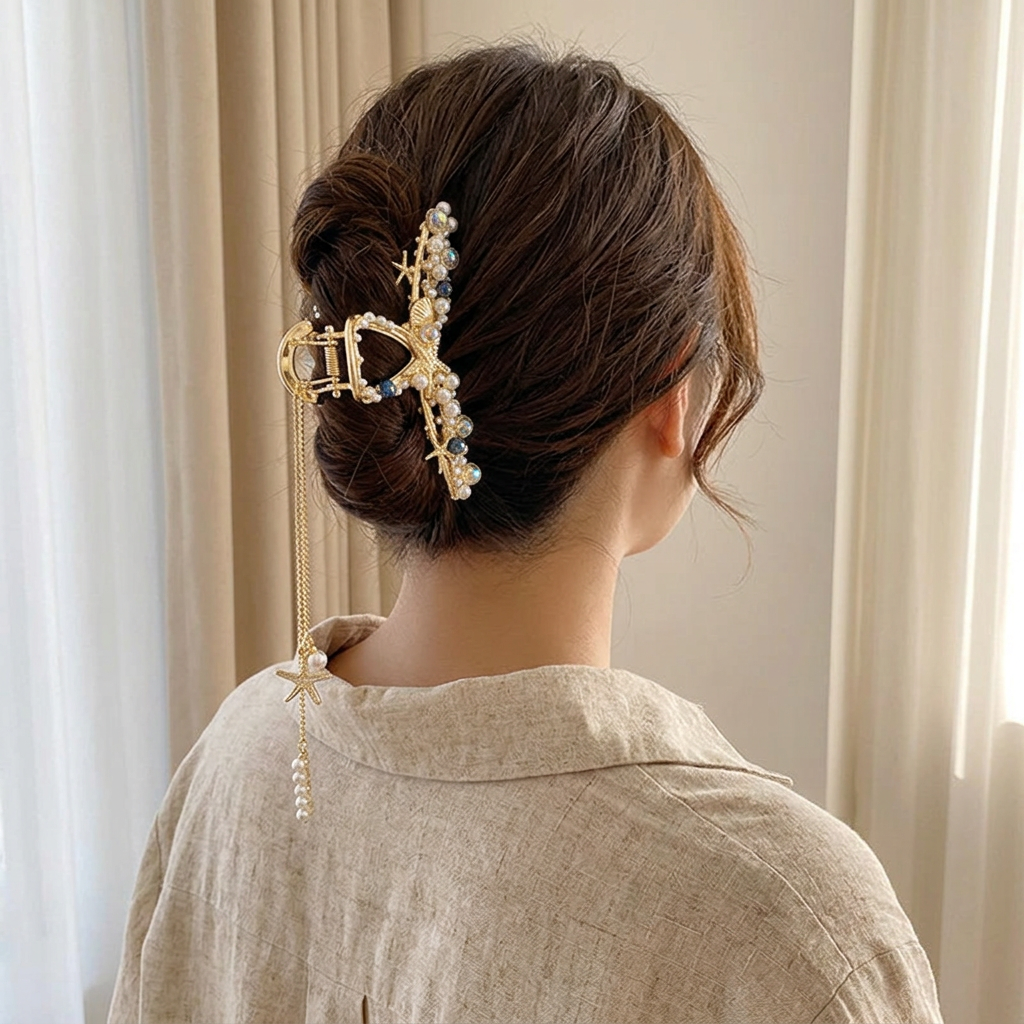 Pearl Tassel Metal Claw Clip, Large Gold Hair Claw