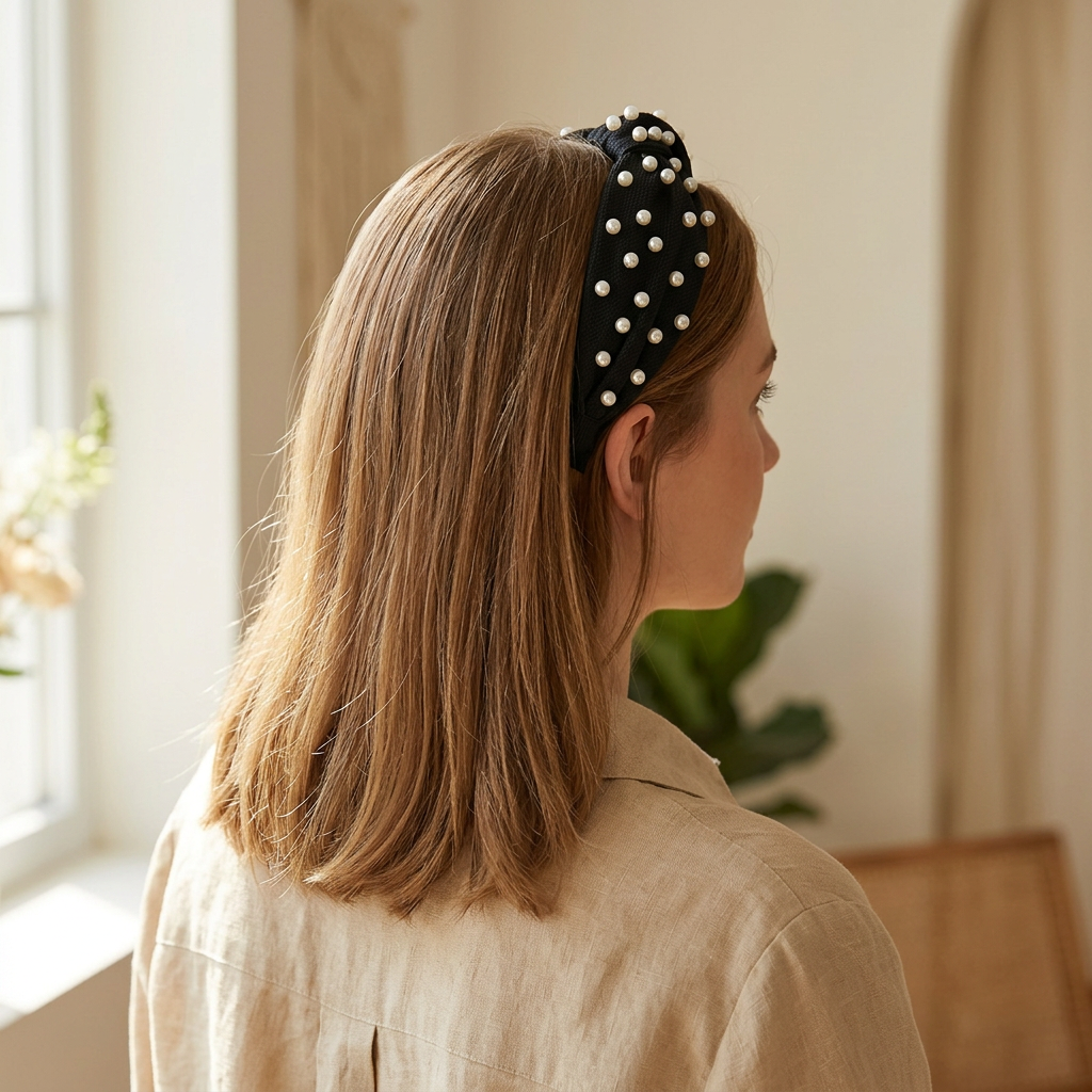 Pearl-Studded Knotted Headband, Wide Fabric