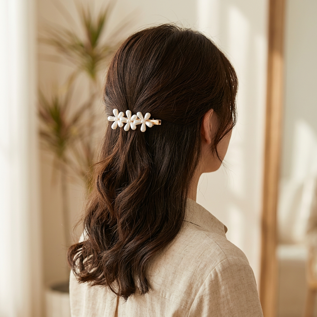 Pearl Flower Hair Clip, 7 cm Alloy Barrette