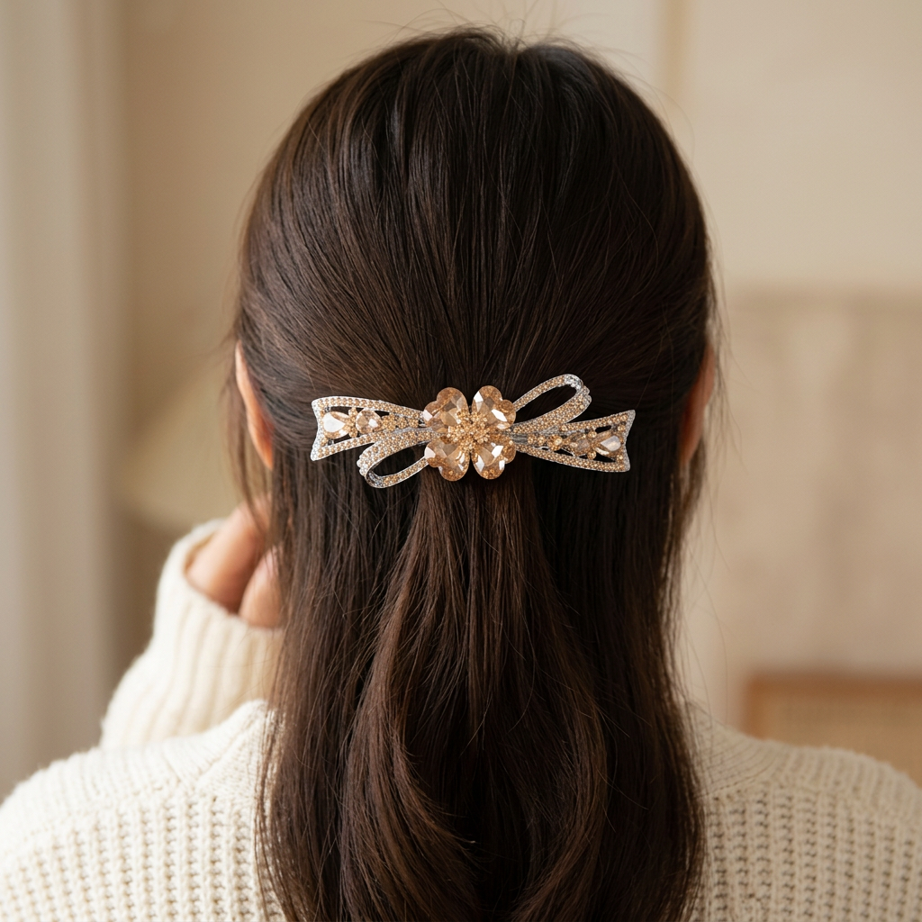 Rhinestone Bow Hair Clip, Alloy Barrette 8.8 cm