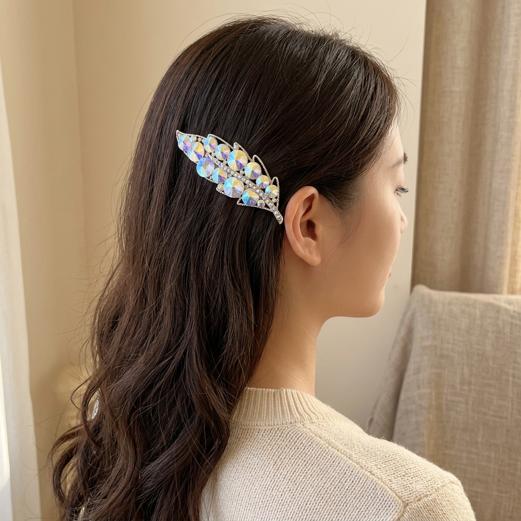 Crystal Leaf Side Clip, Slim 7 cm Hair Clip