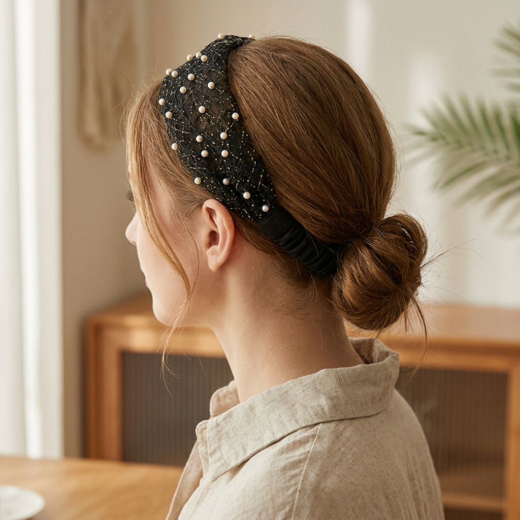 Wide Pearl-Trim Stretch Headband, Fabric Hair Wrap